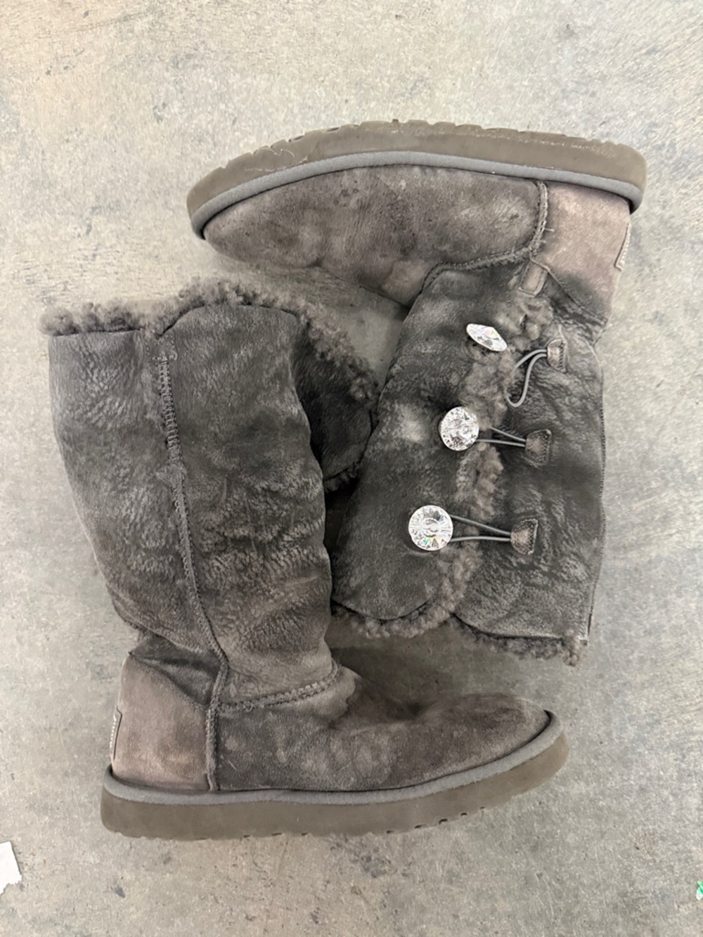 UGG Grey Suede Shearling Button Mid-Calf Boots